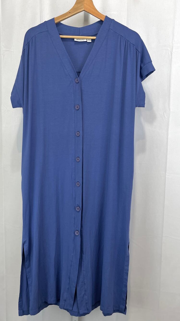 MASAI Copenhagen Osera Dress Button Front Midi Shift Jersey Knit Blue Size XL